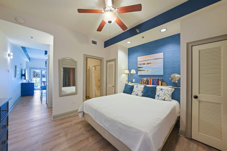 There is a king size bed, sleeper sofa and one full bathroom. 