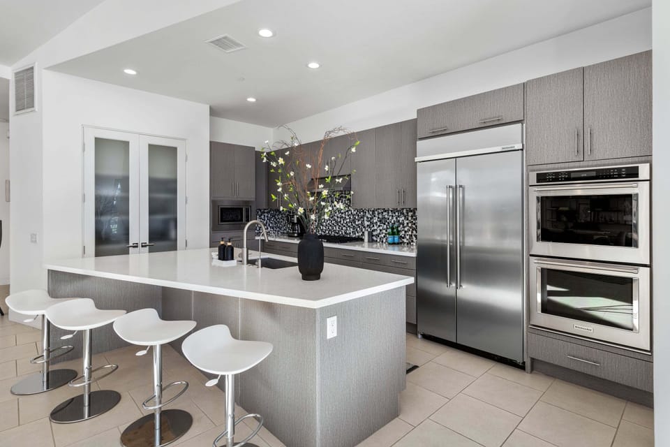 Chef's kitchen with mid-century modern design