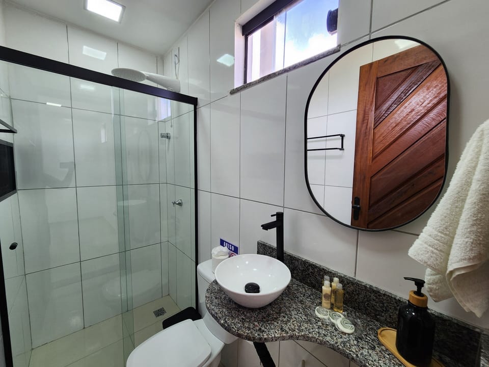 Shower, free toiletries, towels, soap