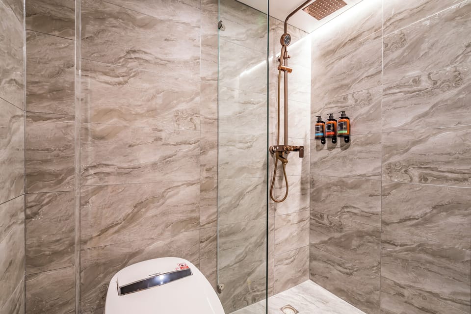 Shower, rainfall showerhead, eco-friendly toiletries, hair dryer