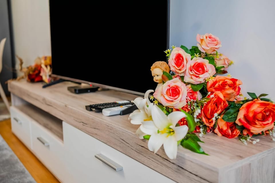 Family Apartment, 1 Bedroom, Microwave (Modern Oasis With Terrace) | Living room | Flat-screen TV