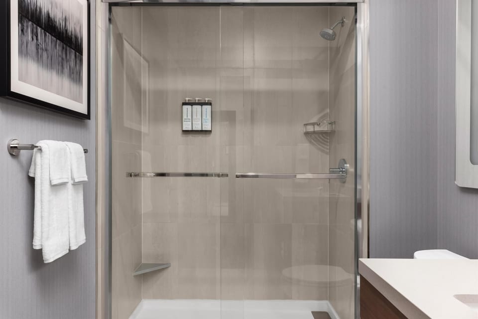 Eco-friendly toiletries, hair dryer, towels, soap