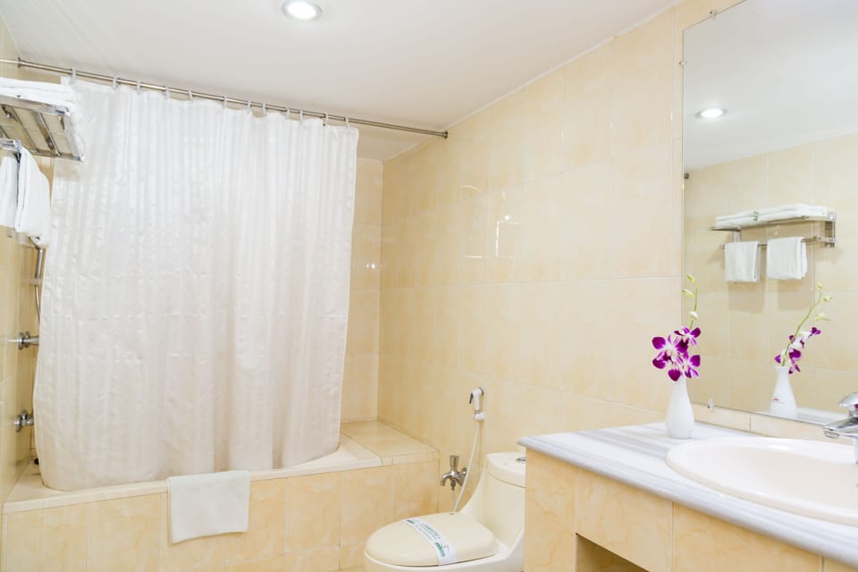 Combined shower/tub, free toiletries, hair dryer, slippers