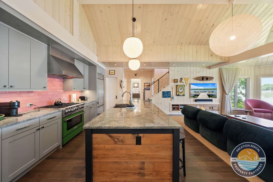 A spacious, well equipped kitchen designed for group meals, morning coffee, and easy entertaining after a day on the lake.