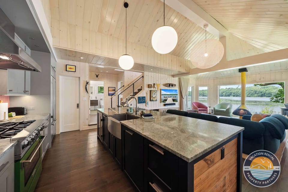 A spacious, well equipped kitchen designed for group meals, morning coffee, and easy entertaining after a day on the lake.