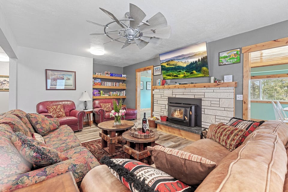 Living room on the main floor with a fireplace