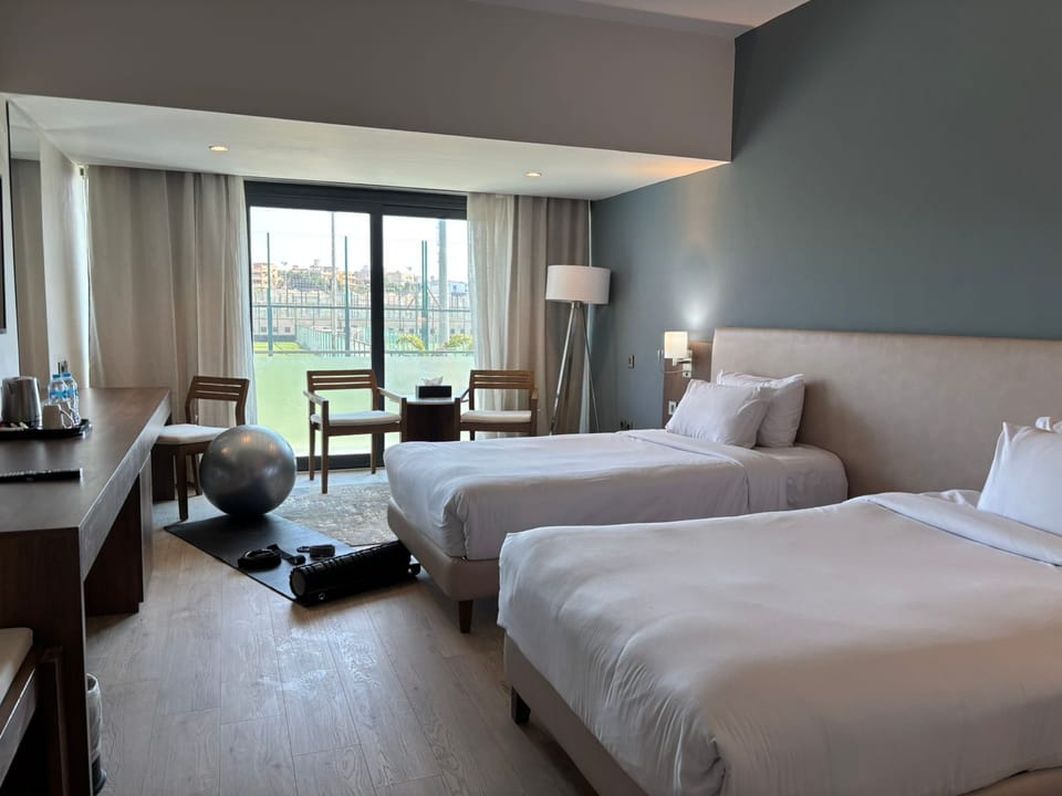Sports Room Twin Beds Patio View | In-room safe, individually decorated, individually furnished, desk