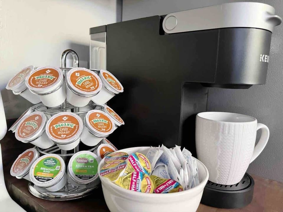 Wake up and enjoy fresh coffee every morning before starting your day with a fully stocked coffee station awaiting you in the kitchen.