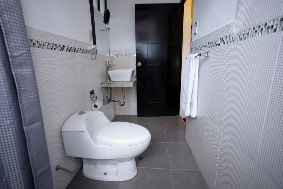 Shower, towels, soap, shampoo