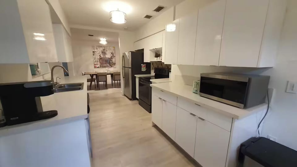 We have all of the essentials including coffee maker (pods are supplied), toaster, blender, microwave, baking supplies, and more.