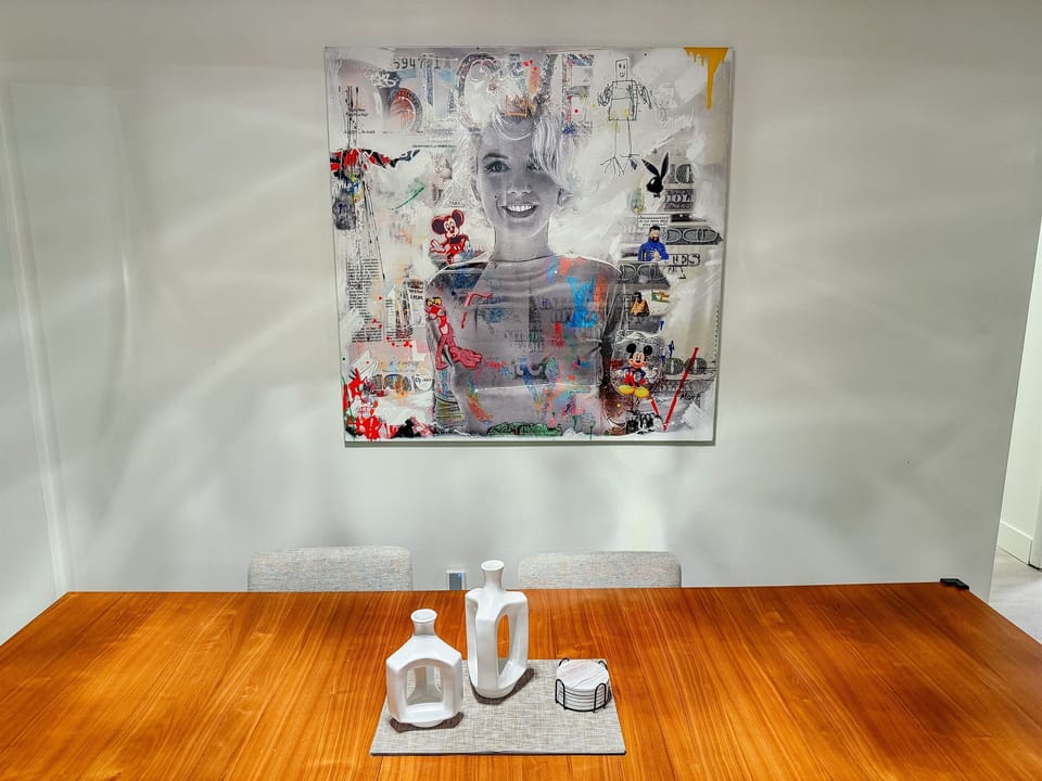 The dining area features a very special Marilyn Monroe painting by one of our favorite French artists.  We even went to get this painting at his studio in Cannes.