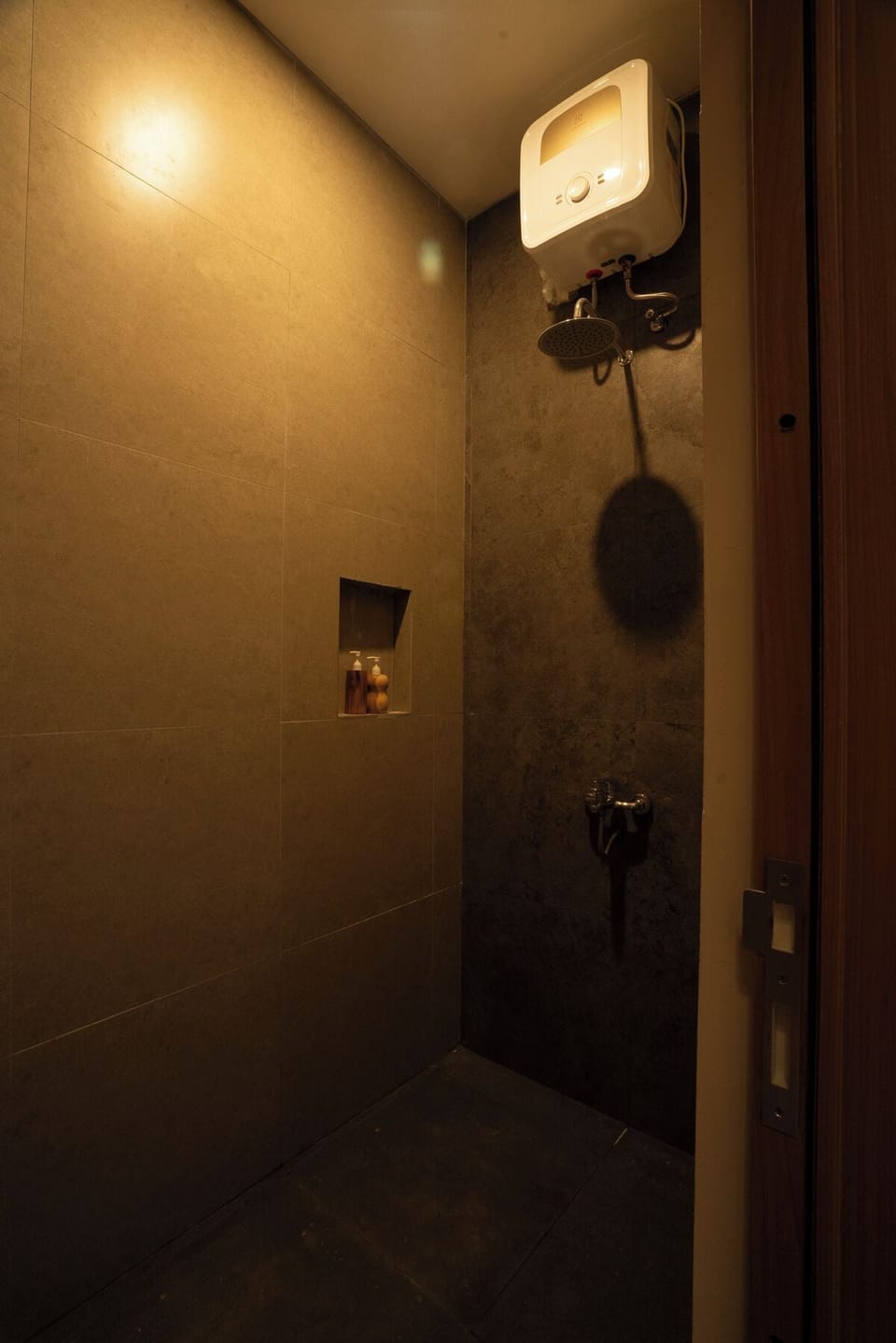 Shower, rainfall showerhead, towels, soap