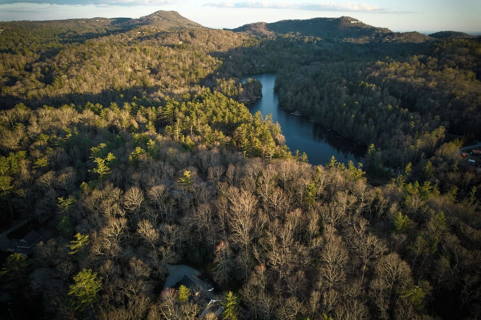 Drone view over house with Lake Sequoyah 