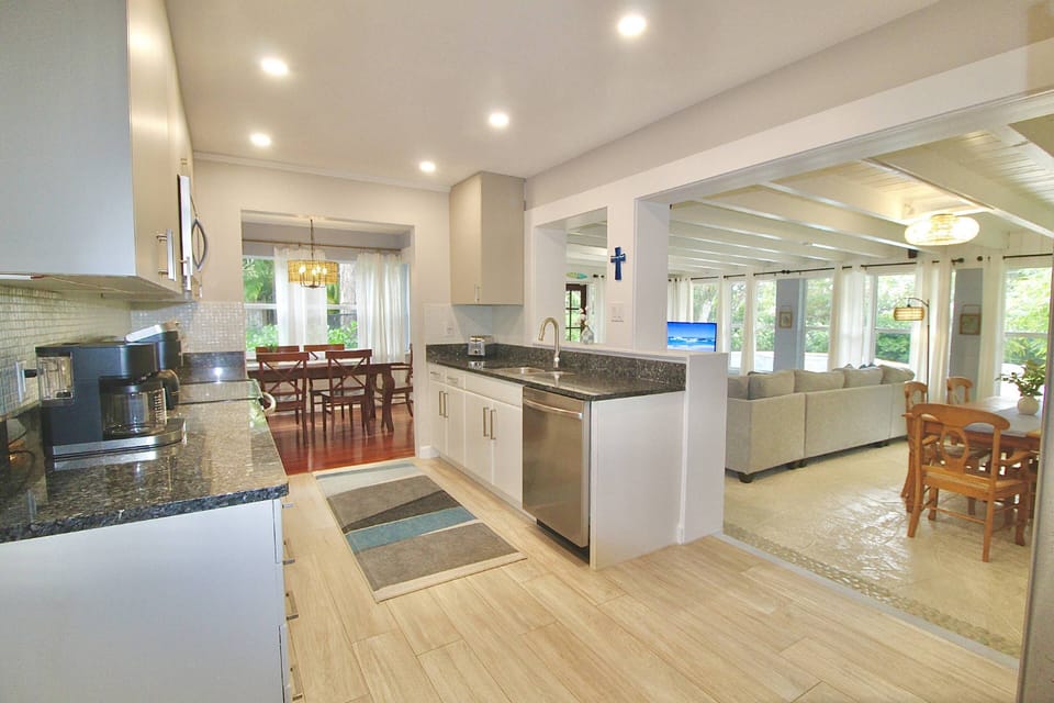 From the kitchen you have a great view into the renovated family room.