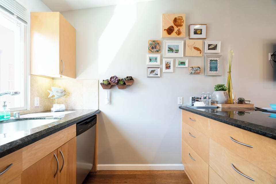 Full chef's kitchen with stainless steel appliances.  All pots and pans, dishes, equipment needed