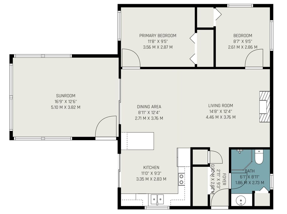 Pine Lake floor plan — 2 bedrooms, sunroom, and open living