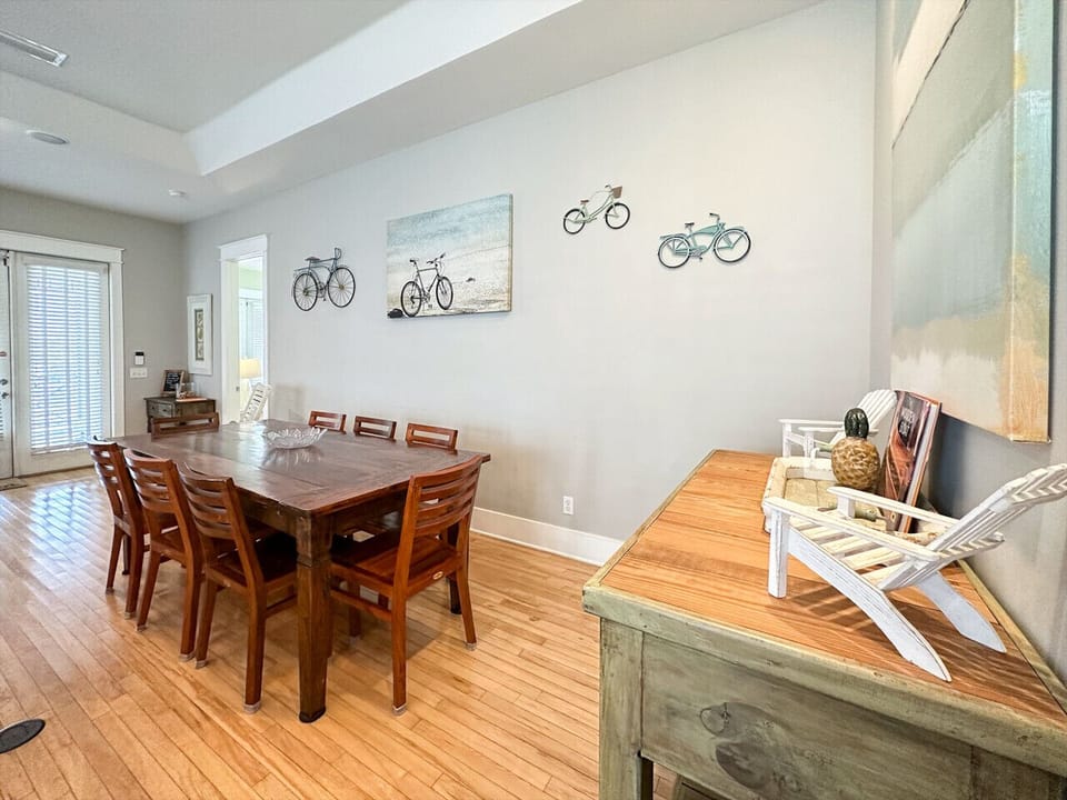 Dining table for eight with additional bar seating — perfect for gathering and entertaining.