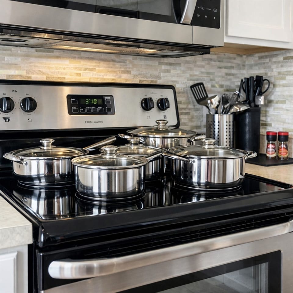 Modern fully equipped kitchen with stainless steel cookware ready for use