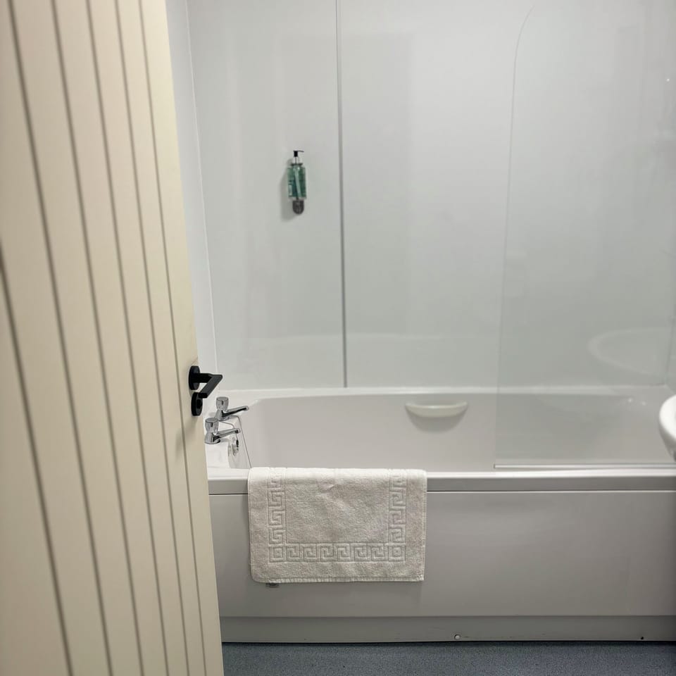 Hair dryer, towels, soap, shampoo