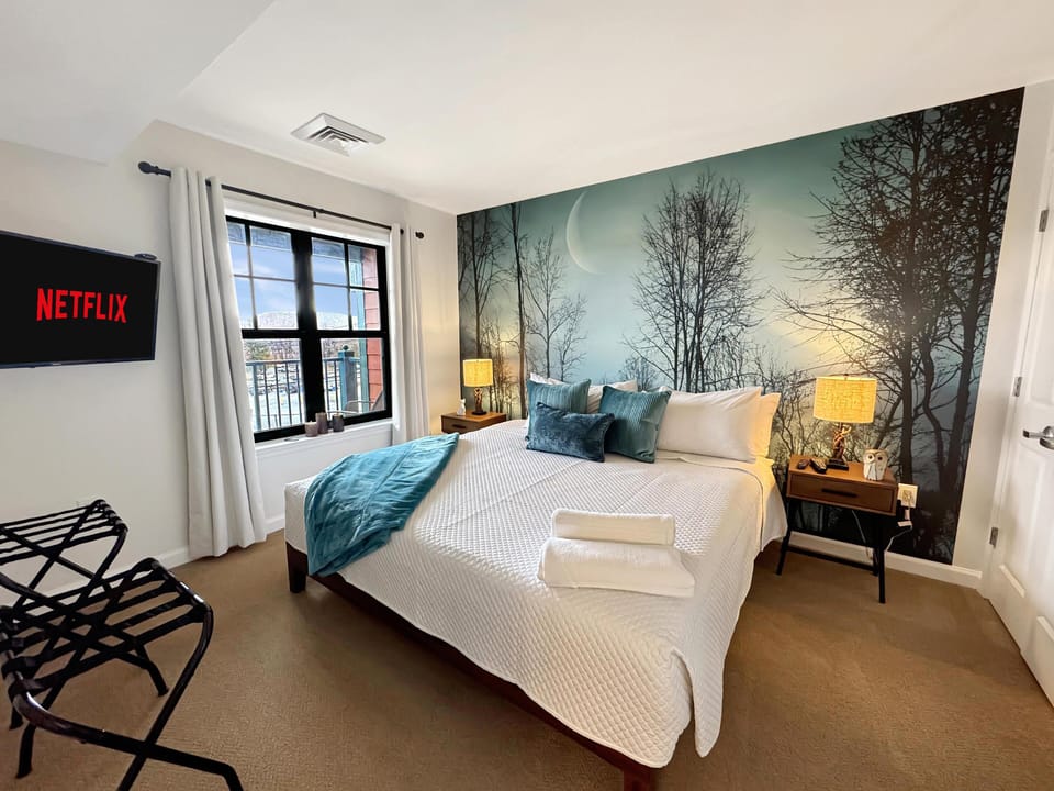 Welcome to "Night Forest". The bedroom has a new king bed with all new bedding with amazing mountain front views!