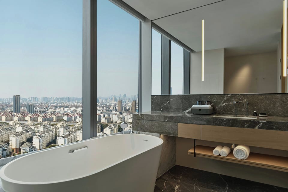 Shower, rainfall showerhead, hair dryer, bathrobes