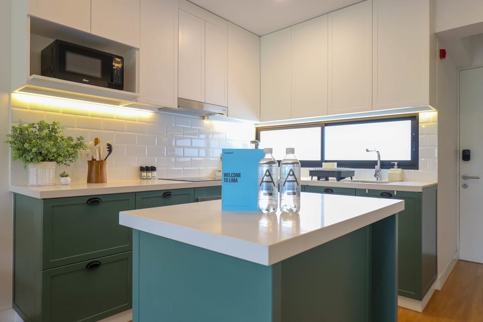 Kitchen island with seating area.