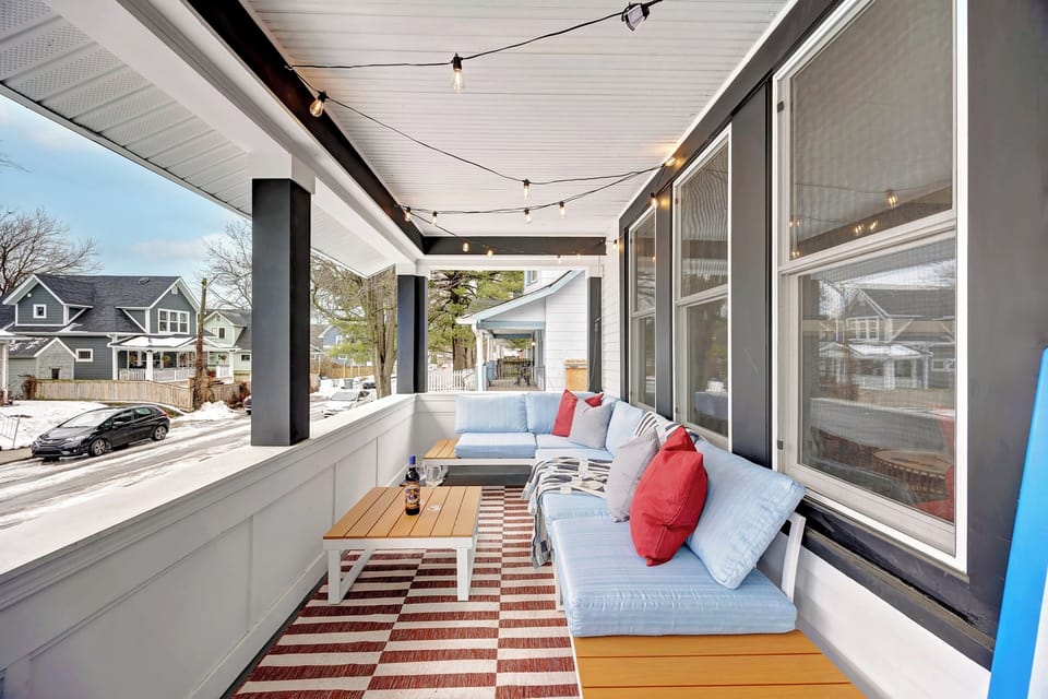 Unwind on our porch with plush seating, the perfect outdoor retreat for relaxing mornings or peaceful evenings in comfort.