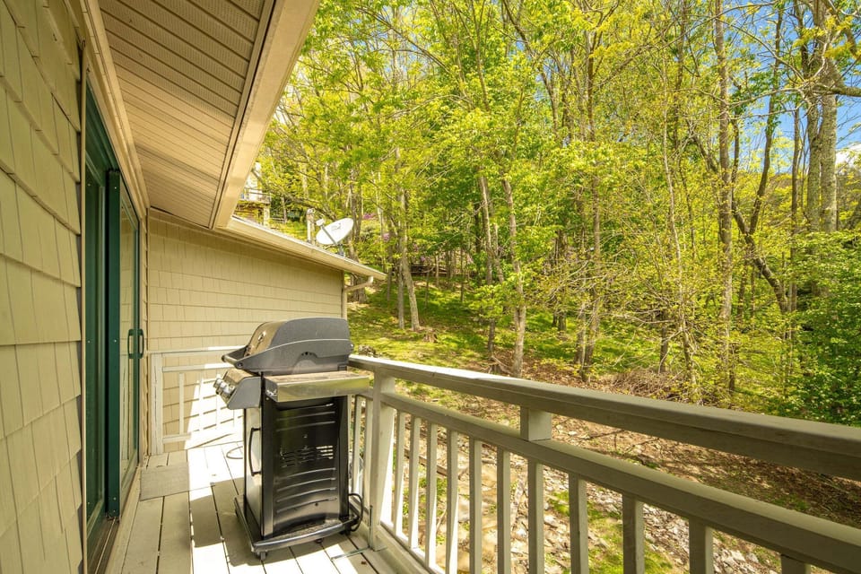 Covered deck with gas grill surrounded by peaceful mountain scenery