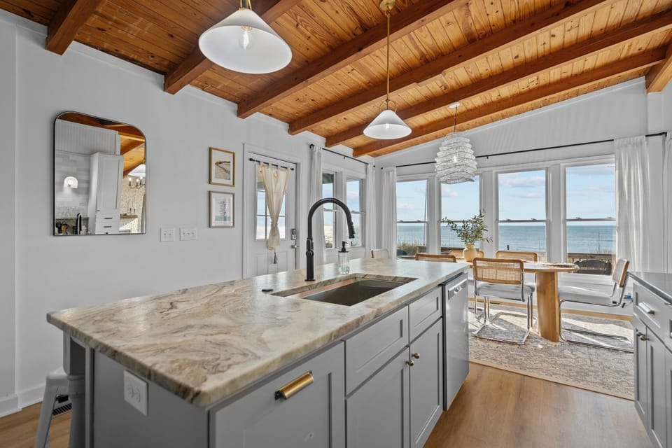 Ocean view from the full kitchen with an island.