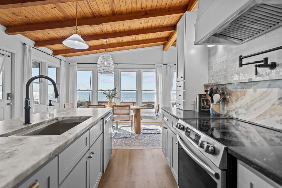 Ocean view from the full kitchen with an island.