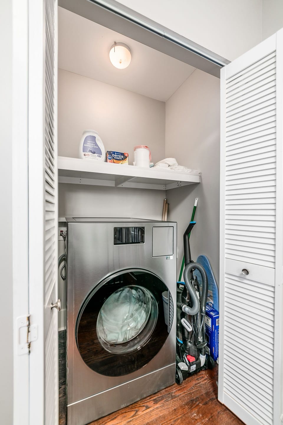 Laundry is FREE and onsite .  It is a washer-dryer combo.