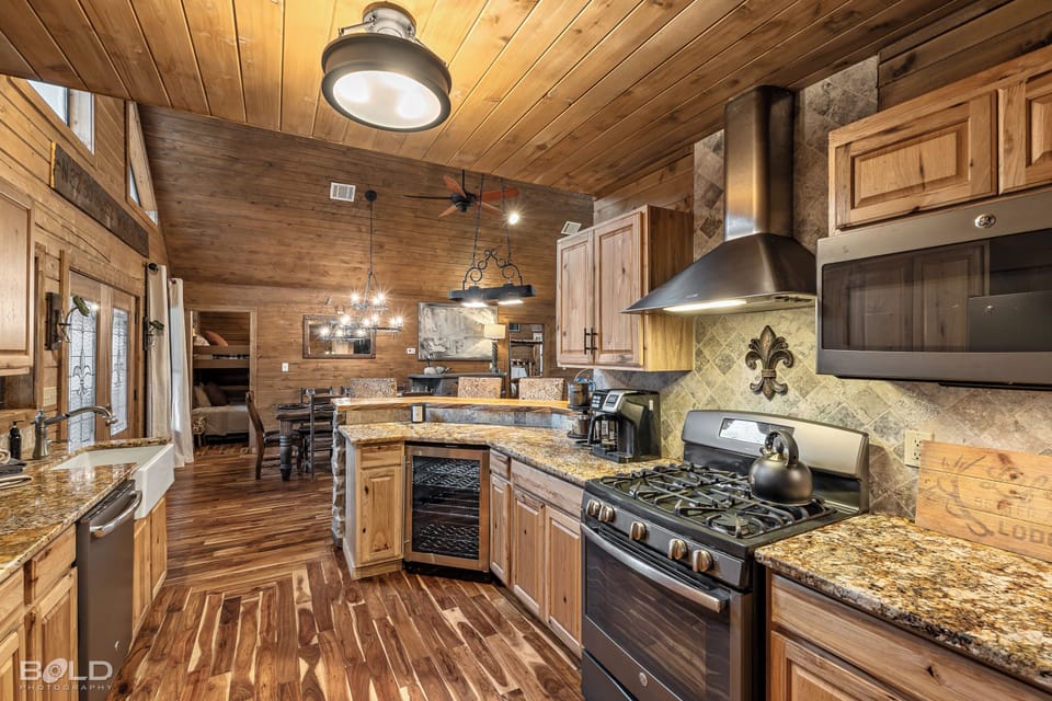 The spacious kitchen is open to the dining and living room