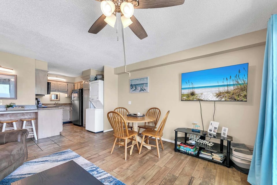 Dining table and flat-screen TV
