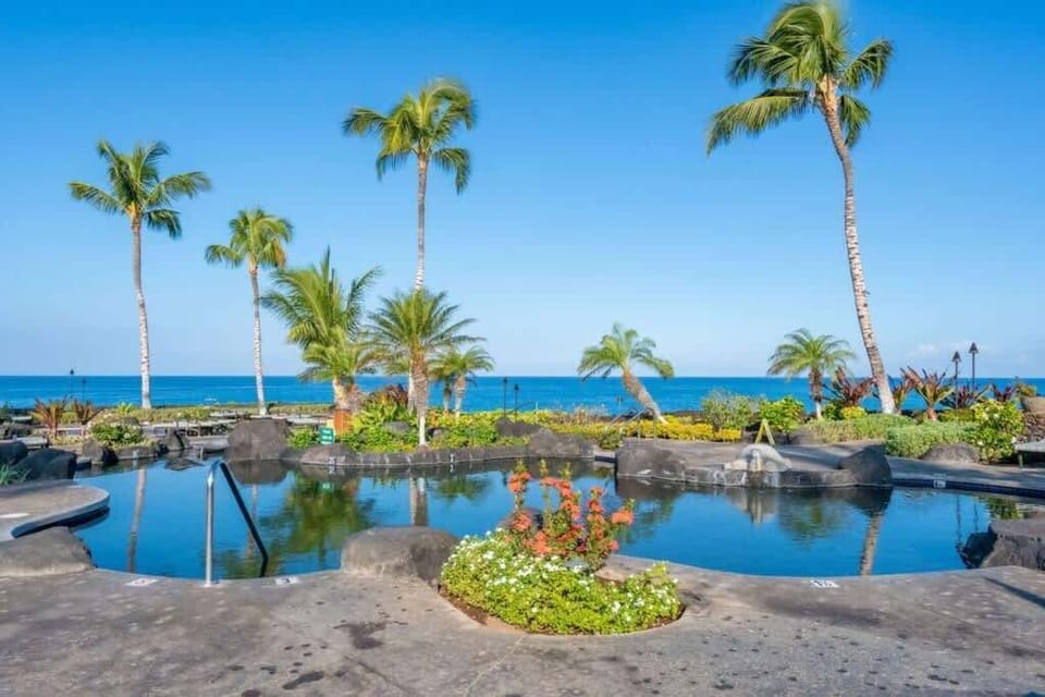 Start your day with a peaceful dip in this tropical lagoon pool set against a stunning ocean backdrop.