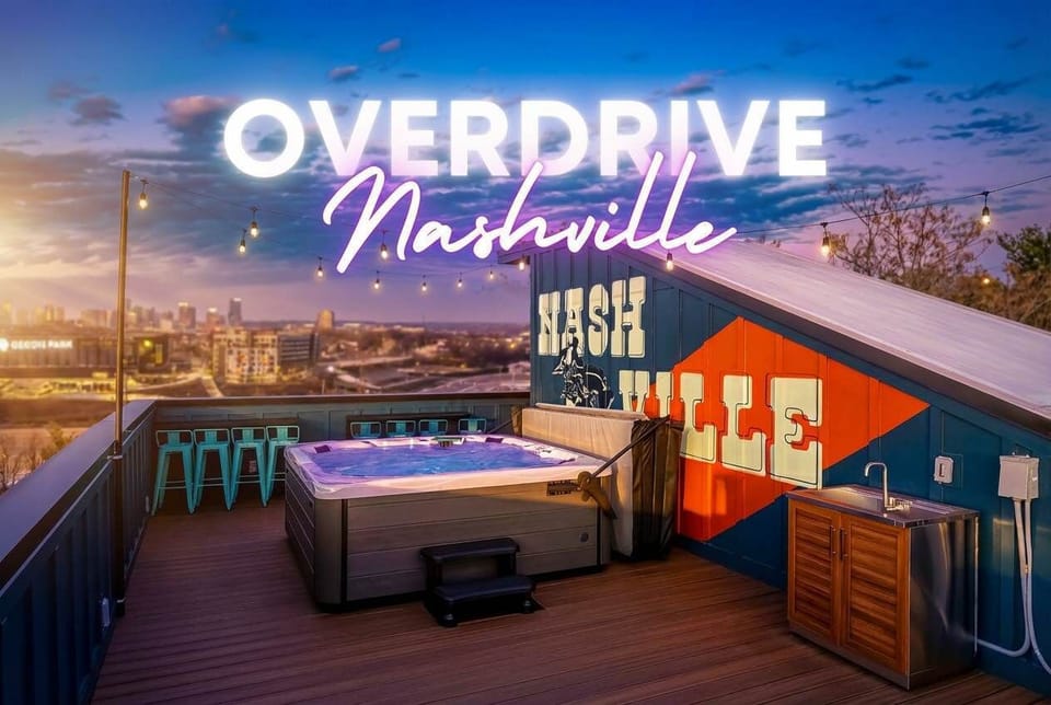 Experience Nashville's rooftop oasis! Unwind in the hot tub with skyline views—perfect for bachelorette parties or family reunions. Enjoy stylish evenings under the stars in a luxurious space for large groups. Your getaway awaits!