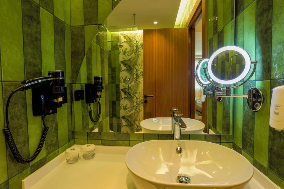 Shower, rainfall showerhead, hair dryer, slippers