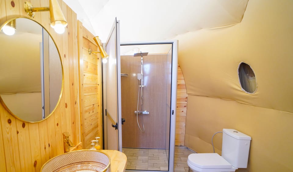 Shower, free toiletries, towels, soap