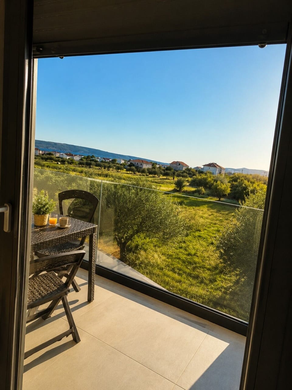 Breakfast Balcony with Sea and Olive Grove Views