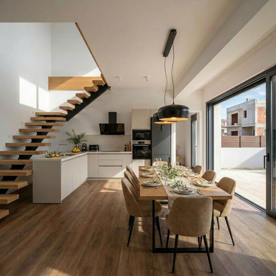 Mediterranean breakfasts, long dinners, and a fully equipped kitchen — set the table for eight under the floating oak staircase.