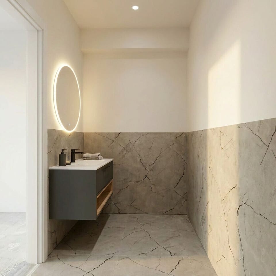 Backlit mirror, matte black fittings, and floor-to-wall marble — a small bathroom that feels anything but.