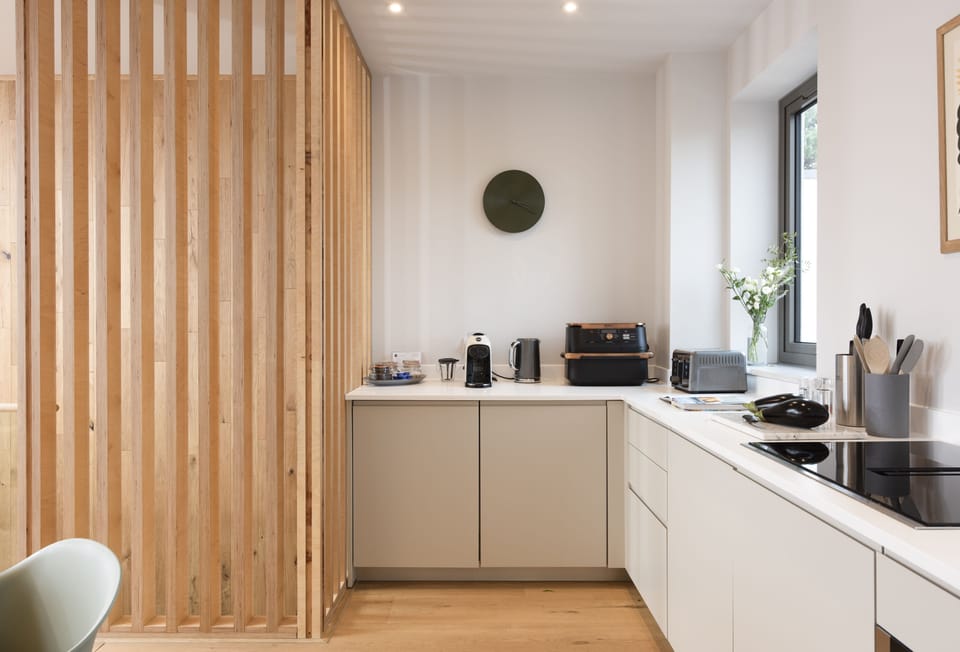 Lefransa, Carbis Bay. First floor: Including an electric oven, induction hob, fridge with ice box, air fryer, Lavazza coffee machine, dishwasher and washer/dryer