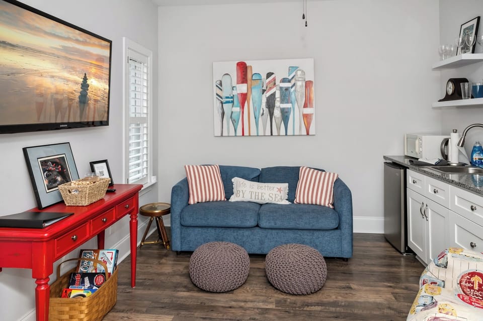 Enjoy the 60" TV with streaming access for your accounts.