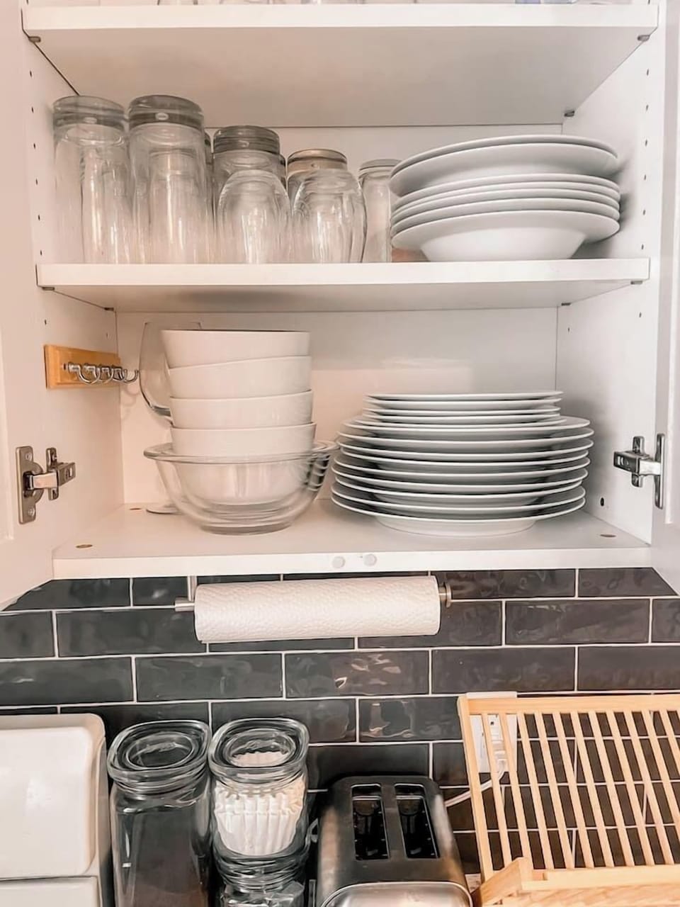 Neatly organized kitchen cabinets simplify your meal prep.