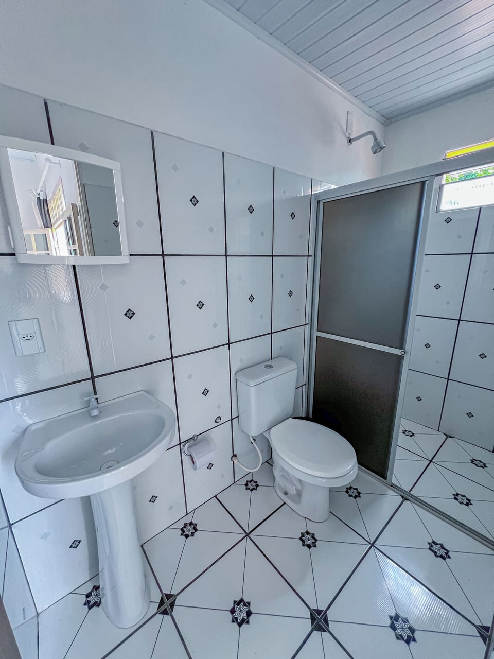 Shower, towels, soap, toilet paper