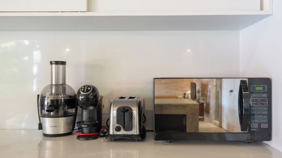 Microwave, stovetop, electric kettle, toaster