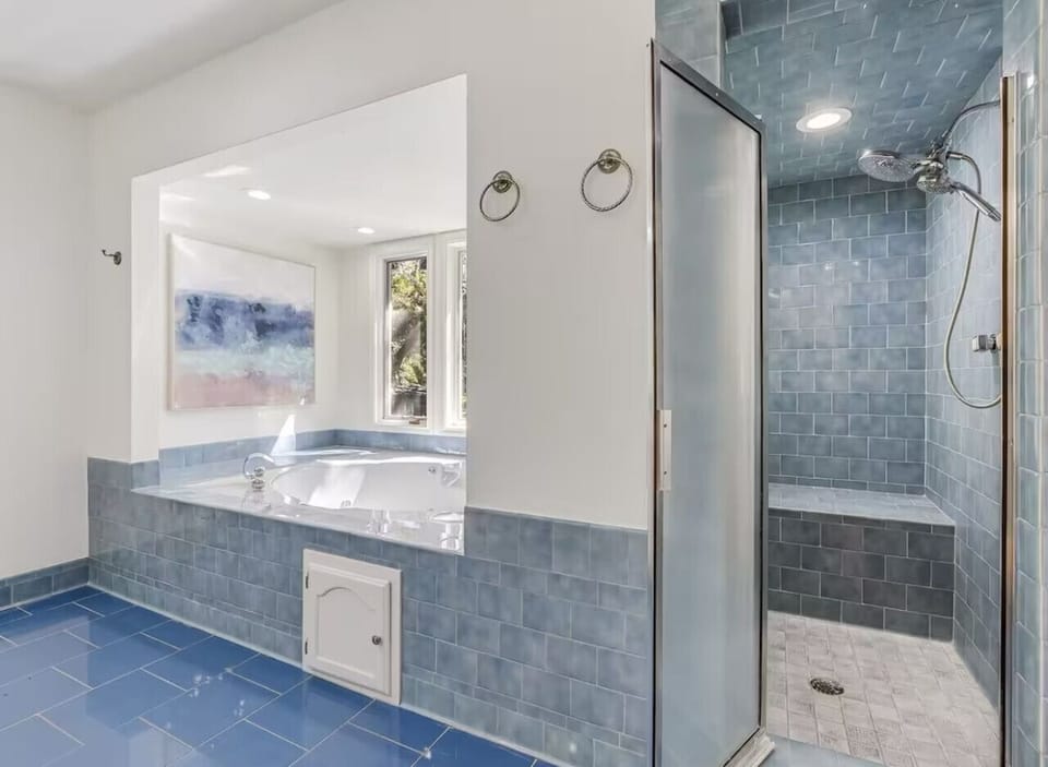 master bathroom with tub and separate shower