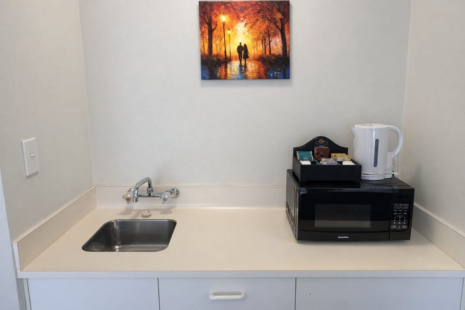 Mini-fridge, microwave, toaster