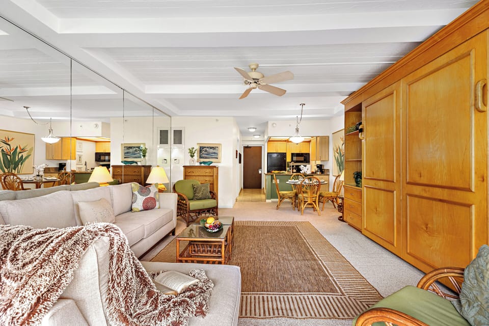 Open, airy living area designed for effortless island relaxation. A comfortable space to gather, unwind, and enjoy every moment of your Maui getaway.
