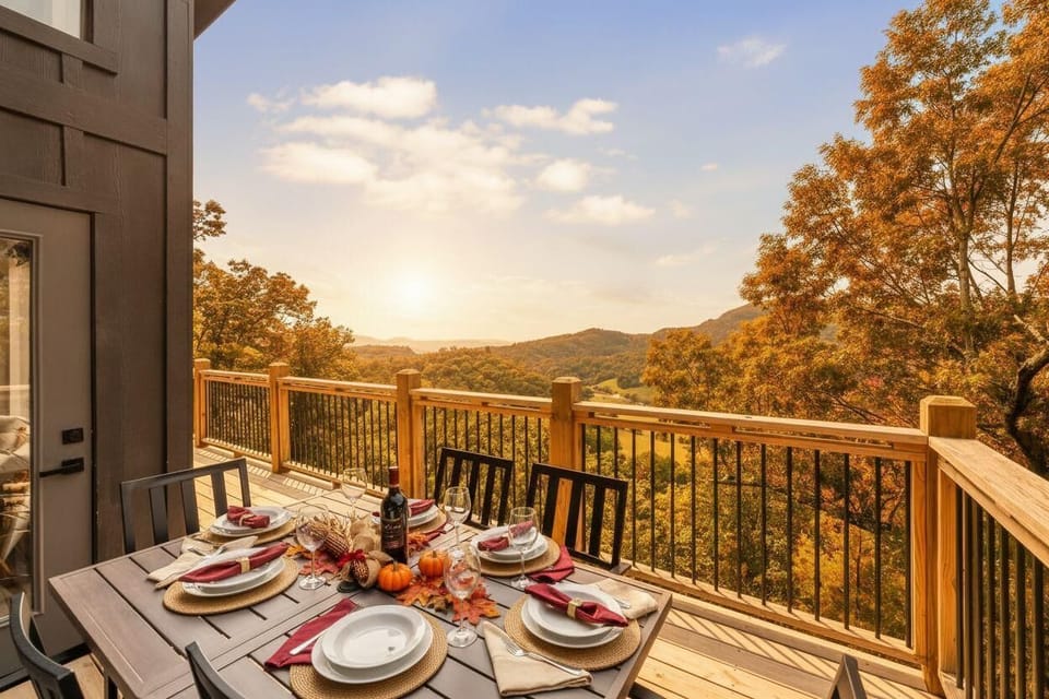 Enjoy a scenic sunset dinner on the spacious deck overlooking autumn mountains.