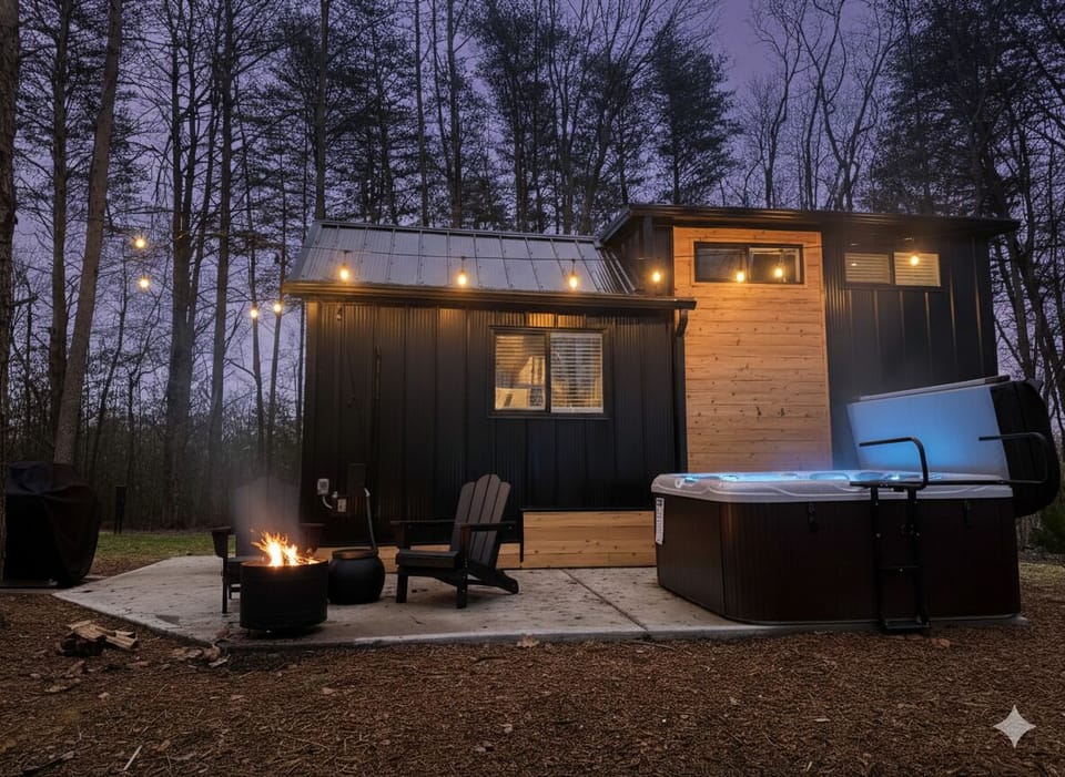Yeats at dusk — personal hot tub on the deck, string lights overhead, Adirondack seating, wooded surroundings